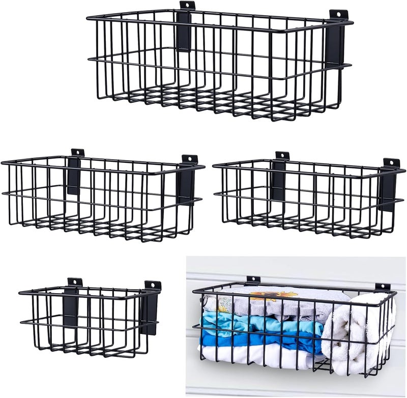 BAKEWAY 4Pcs Large Slatwall Baskets Set Ventilated Metal Pegboard Baskets Slatwall Basket, Hanging Storage Baskets for PVC Slatwall Panel, Storage Display on Garage Slatwall Panels, Slatwall Accessories Black - Image 1